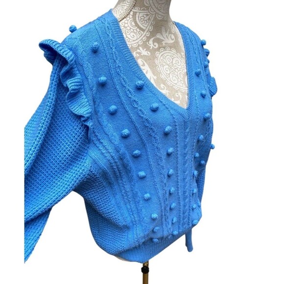 Lilly Pulitzer Greta Size L V-Neck Cable Knit Sweater Blue Boho Feminine Ruffle - Picture 5 of 16